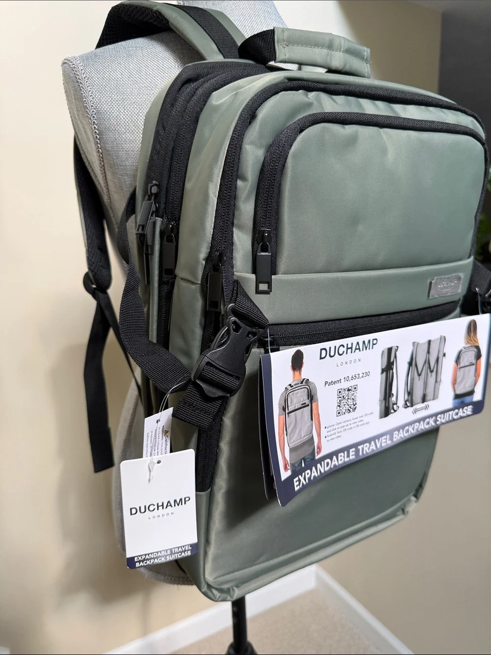 Duchamp Olive Green Expandable Travel Backpack/Suitcase w/ laptop pocket & USB.